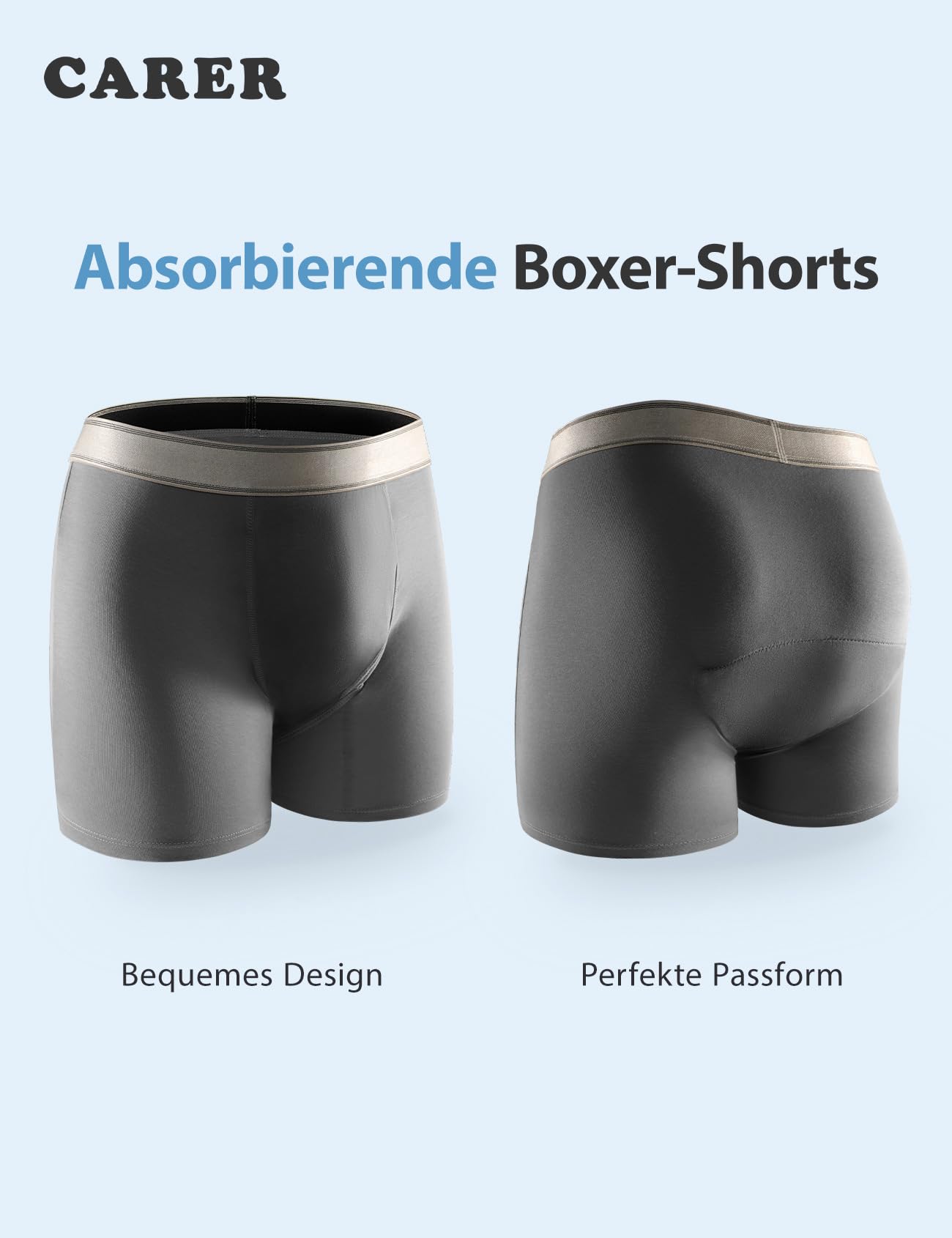 Carer 3er-Pack Waschbare Inkontinenz Pants Männer aus Baumwolle Herren-Boxershorts für Inkontinenz mit 150 ml Pad wiederverwendbar leckgeschützt Blau Grau Größe M