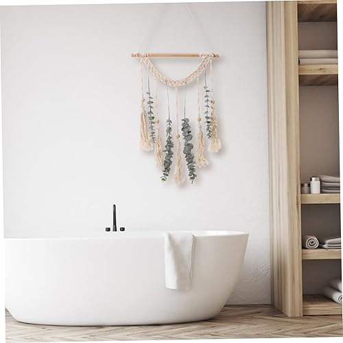 Miniatura 9 de DECHOUS Tapiz de algodón de macramé, 1 juego, tapiz de algodón, guirnalda verde, decoración de madera, beige, escultura de boda, macramé para colgar