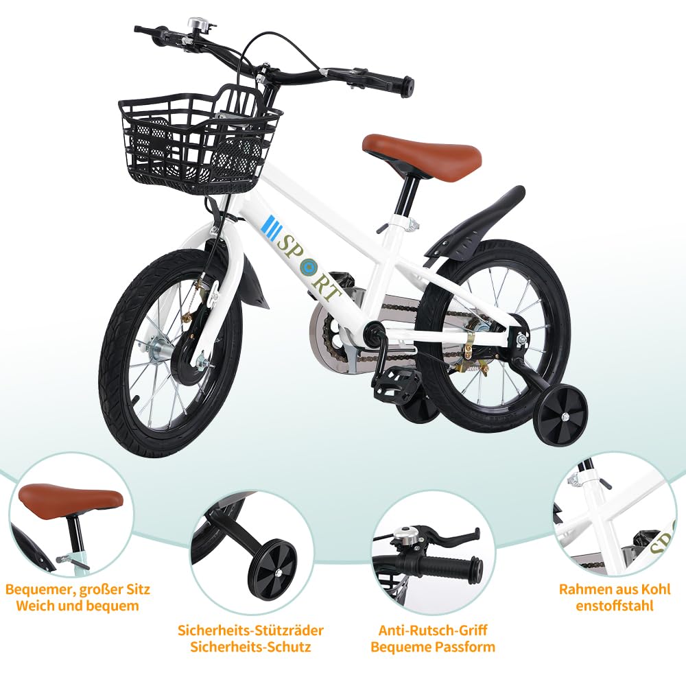 OHMG 12/14/16 Zoll Kinderfahrrad, Kinderfahrrad Kinder für Jungen und Mädchen,Anfänger Fahrrad Radfahren mit Stabilisatoren und Korb, geeignet für Kinder im Alter von 3-10 Jahren