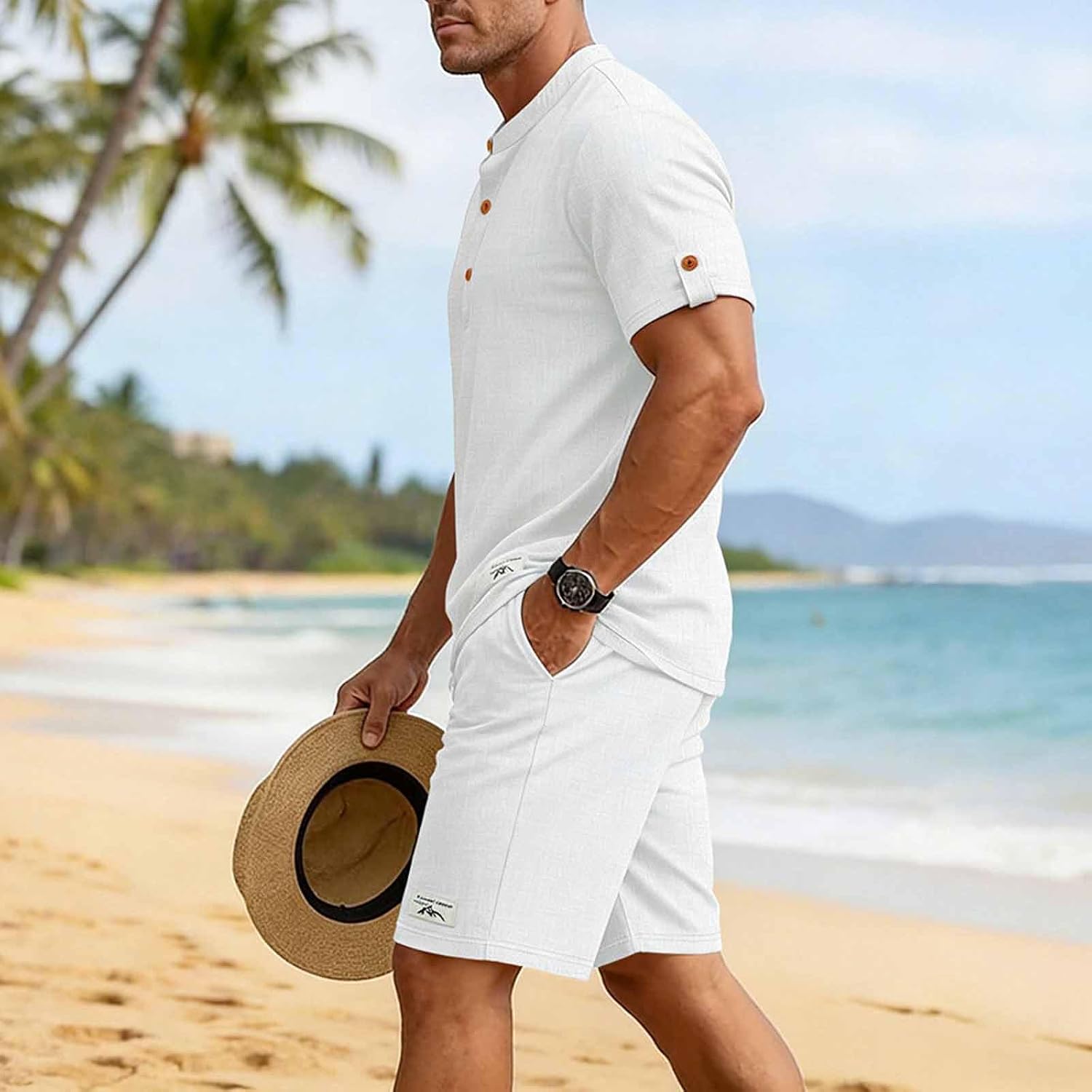 Cambkatl Men's Summer 2 Piece Outfits, Loose Stand Collar Henley Shirt and Shorts Business Casual Sets with Pockets