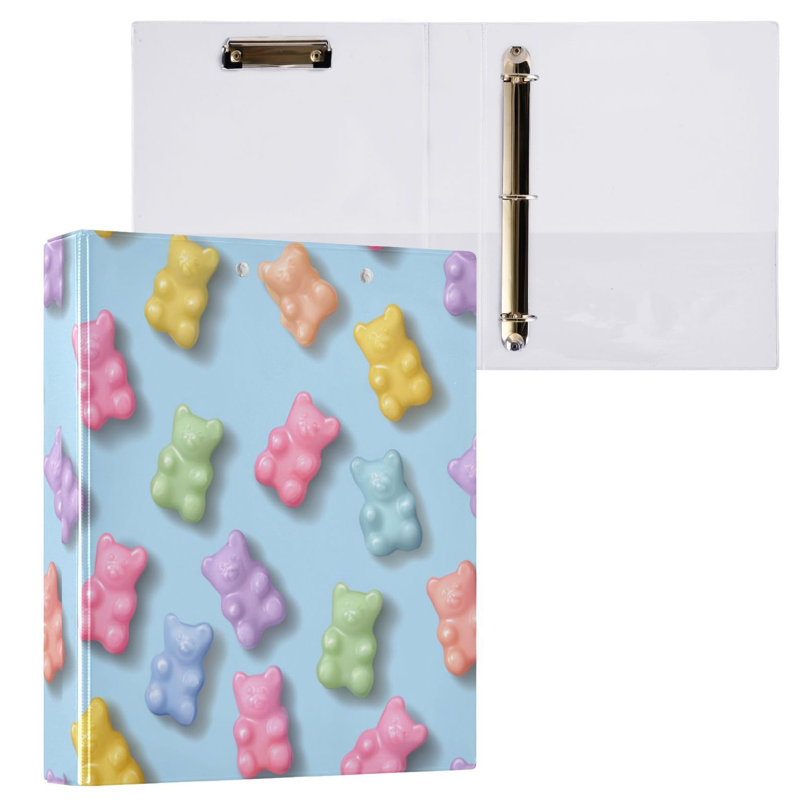 Kcldeci Raccoglitore a 3 anelli con copertina rigida per carta formato lettera, orsetti gommosi pastello, anelli rotondi da 3,8 cm, organizer per scuola/ufficio, confezione da 2
