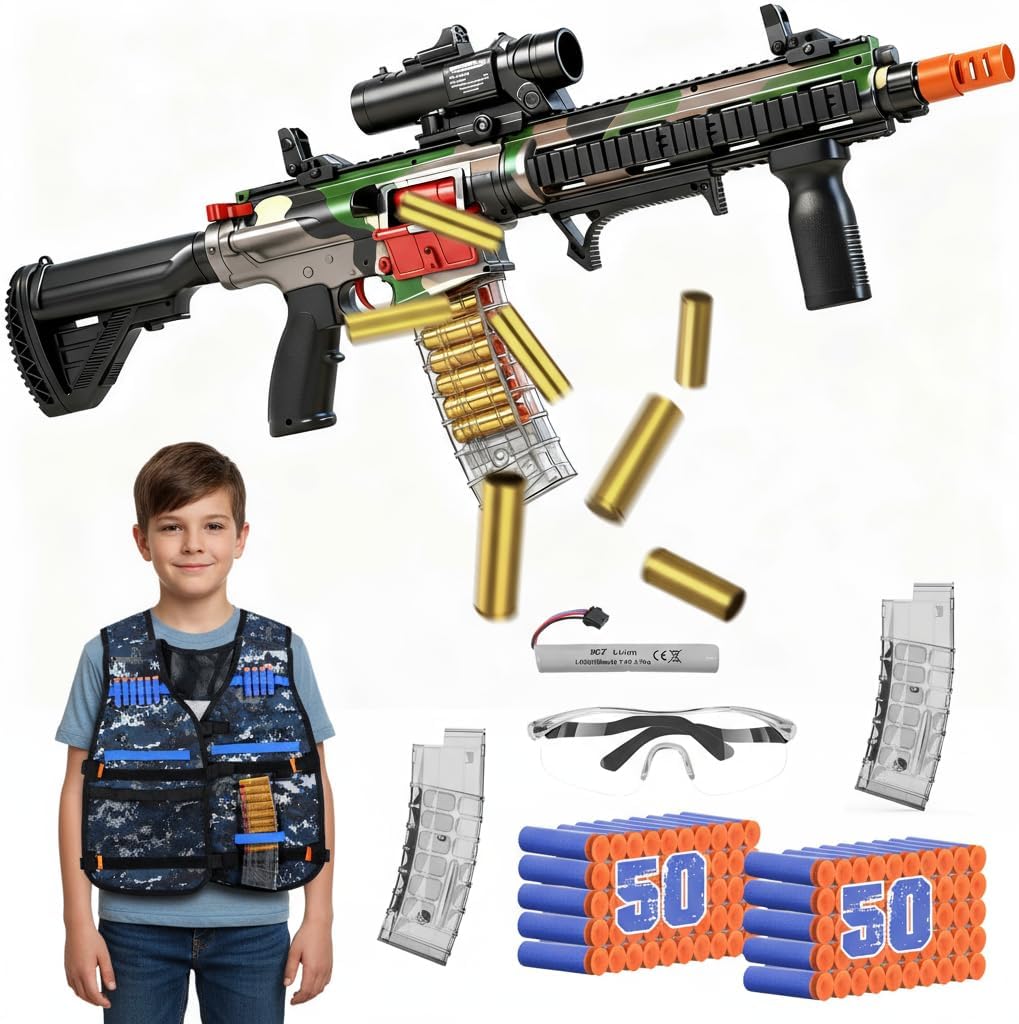 EagleStone Automatic Toy Gun Shell Ejecting Sniper Rifle with Scope Tactical Vest Kit,Electric Toy Foam Blaster Dart Toys with 100 Darts, 20 Shells, Boys Birthday Gift for Age 8 9 10 12+ Year Old Kid