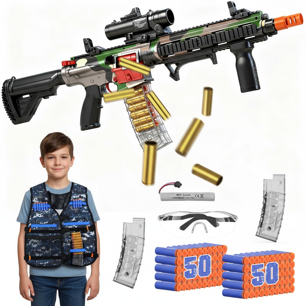 EagleStone Automatic Toy Gun Shell Ejecting Sniper Rifle with Scope Tactical Vest Kit,Electric Toy Foam Blaster Dart Toys with 100 Darts, 20 Shells, Boys Birthday Gift for Age 8 9 10 12+ Year Old Kid
