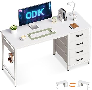 ODK Computer Desk with Drawers, Reversible Office Desk, 120 x 48 cm, White