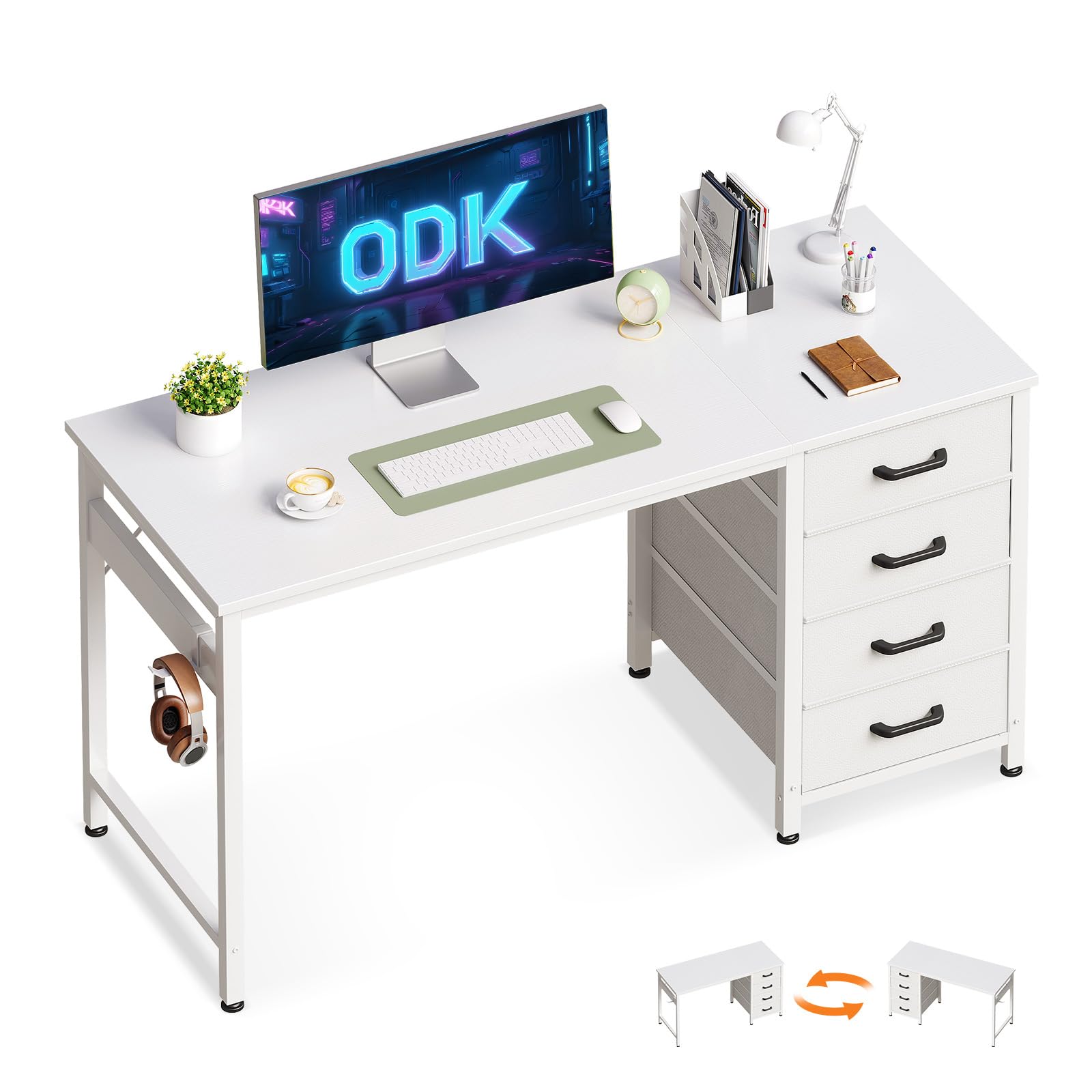 ODK Escritorio Pequeño con 4 Cajones, Mesa de Escritura Reversible para Ordenador con Gancho para Auriculares, Escritorio Gaming para Oficinas y Puestos de Trabajo (Blanco, 120×48×75.7cm)