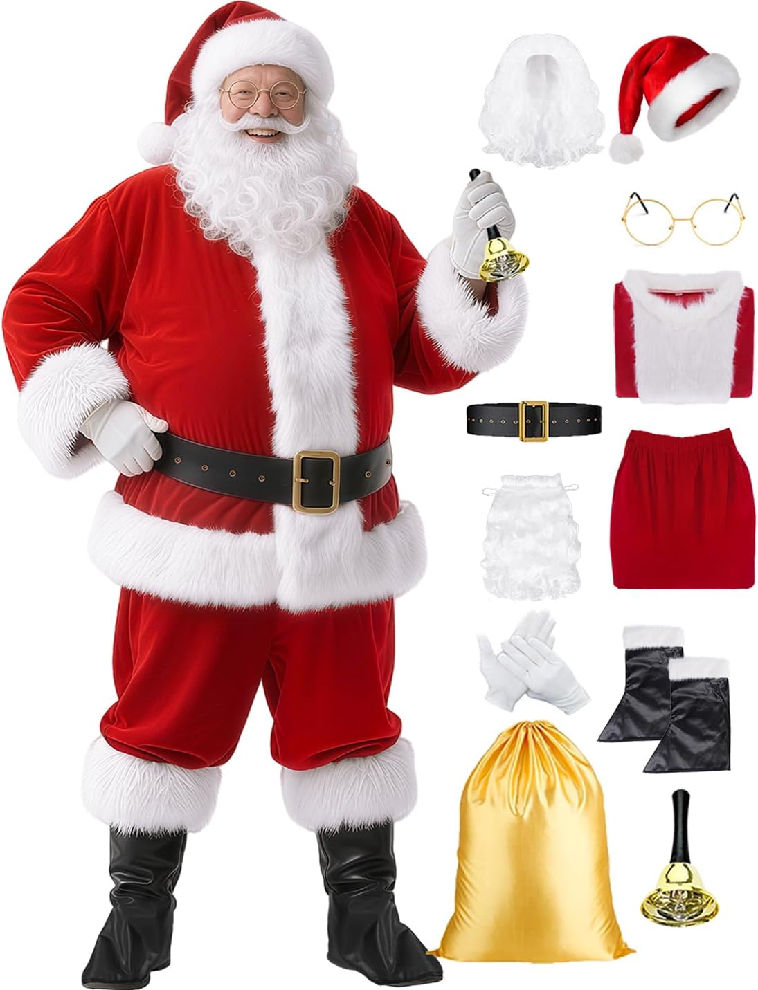 11pcs Santa Claus Costume for Men Women Adults Deluxe Santa Costumes Suit Outfit Christmas with Bell