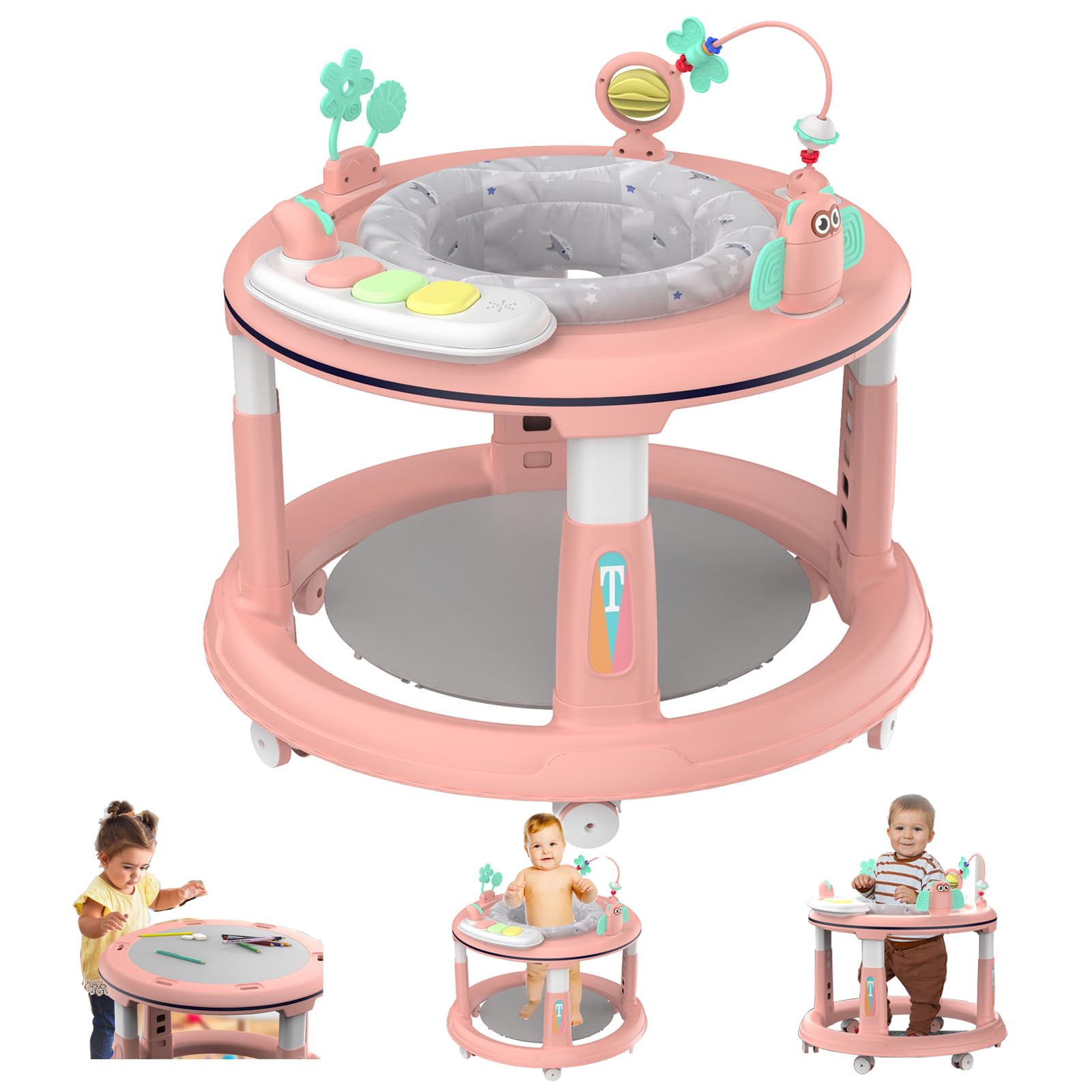 Andador para bebé con 5 alturas ajustables y asiento giratorio de 360 ​​grados, centro de actividades para niños y niñas de 7 a 18 meses, incluye música, juguetes desmontables y almohadilla para pies que rebota.