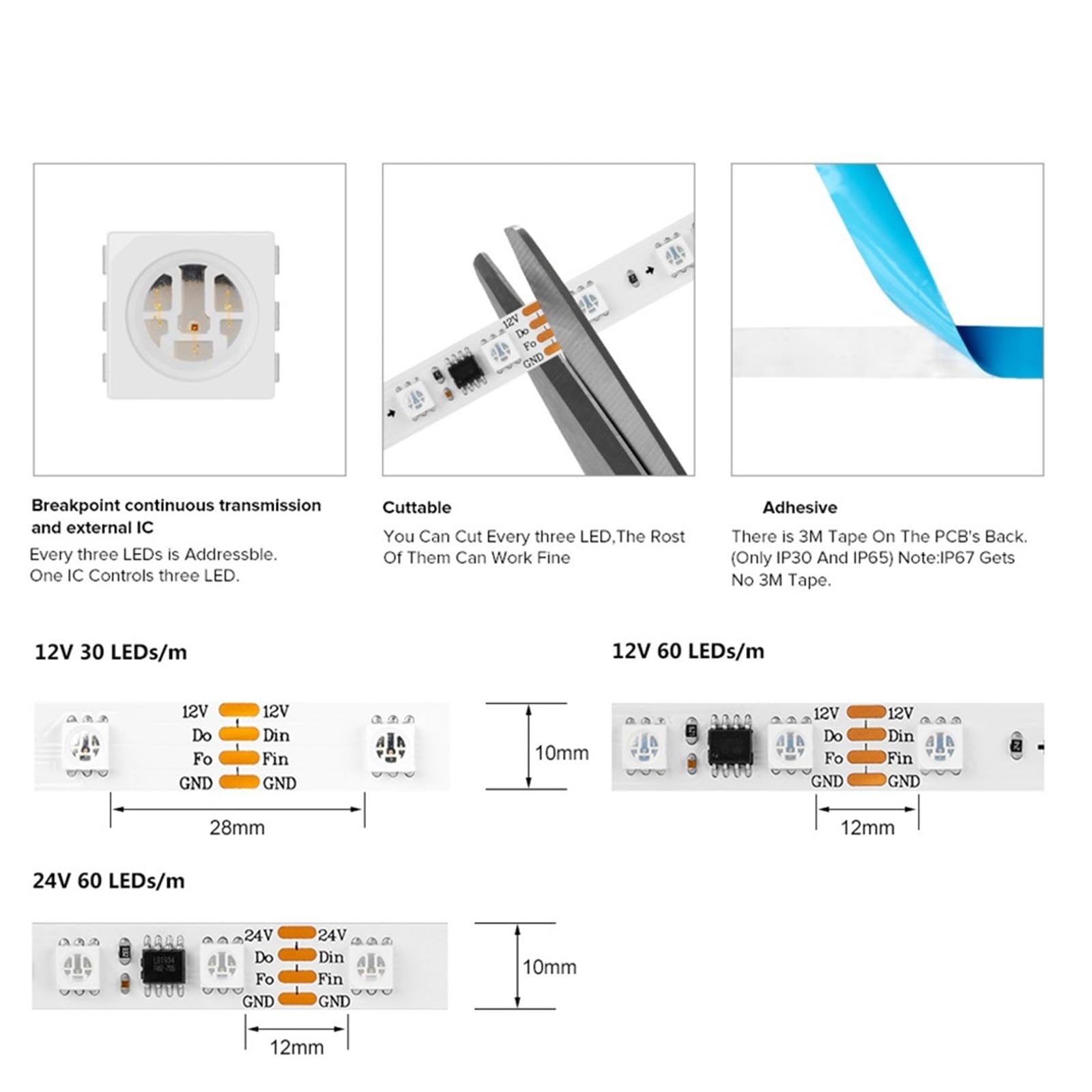 Luces LED WS2815 WS2811 WS2811 Control externo 1 IC Muchos LED RGB tira de luces LED Direccionables DC12V DC24V (5 m 12 V 1 IC to 3 LED, 60 LEDs, IP30)