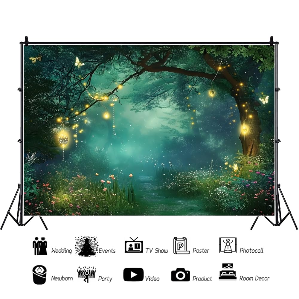 3x2,5m Fond de Forêt Jungle Safari Vue de Nuit Arbre Vert Papillon Fond Photographique Jardin de Charme au Printemps Forêt enchantée de fées Toile de Fond Fournisseurs de décoration