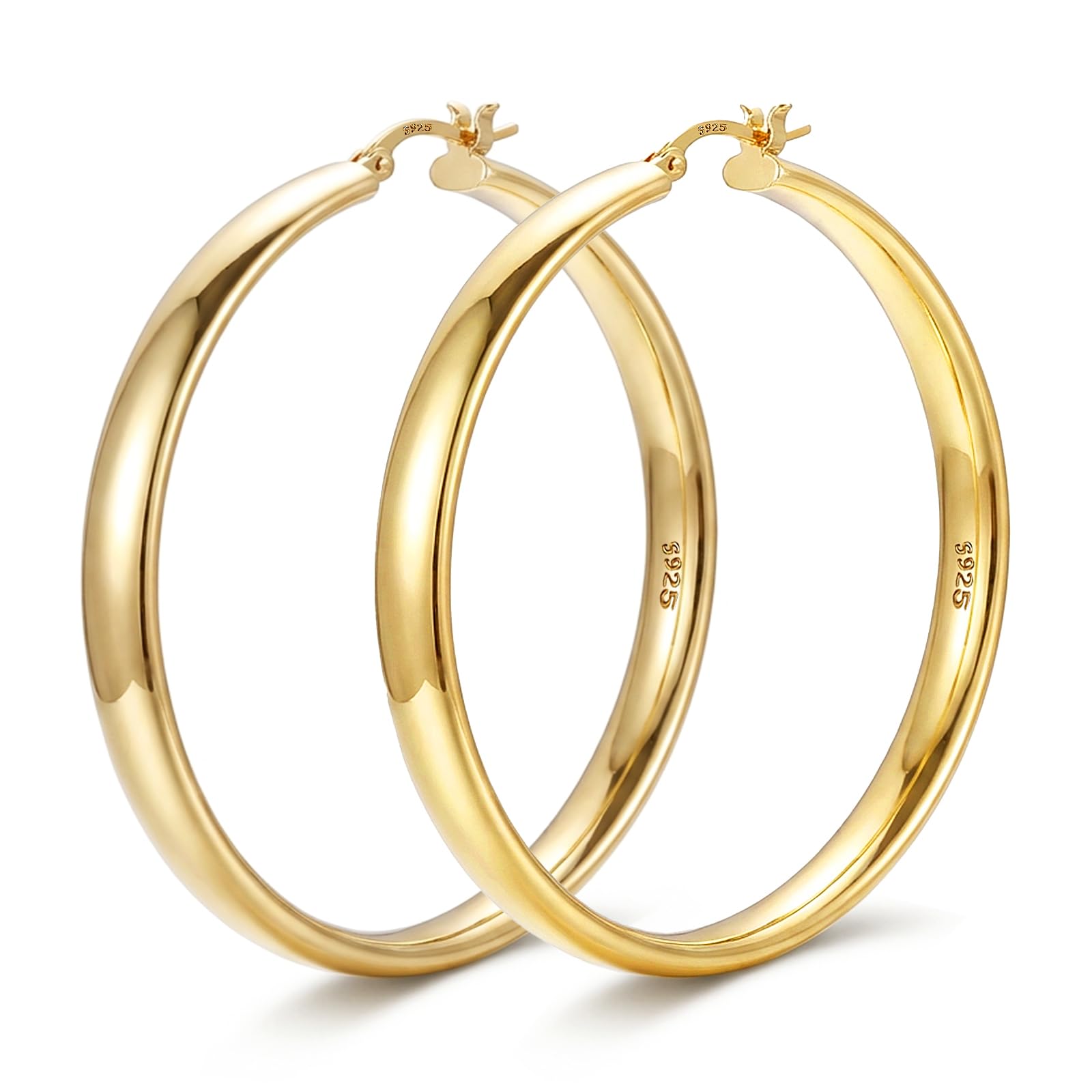 5mm Wide 925 Sterling Silver Hoop Earrings Hypoallergenic 14K Real Gold Plated Lightweight Big Hoop Earring for Women Oversize Large Silver Hoops Earring for Women 20/30/40/50/60/70mm