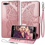 KRHGEIK Wallet Case for iPhone 8 Plus/7Plus/6Plus/6S Plus,Women Butterfly Emboss PU Leather Kickstand Card Holder Slots Wrist Strap Flip Folio Cover (Rose Gold)