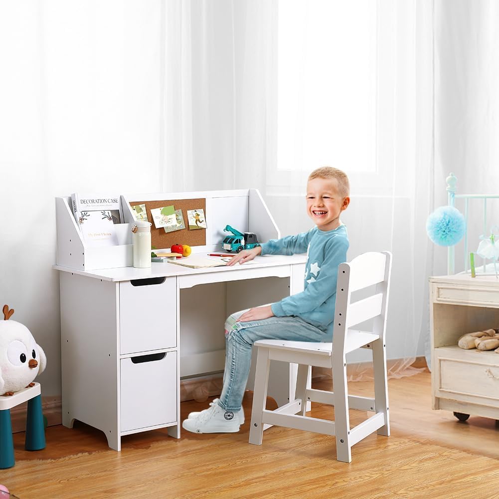 Studienschreibtisch und Stuhl für Kinder, Lerntisch aus Holz mit Aufbewahrung, Sichtfenster und Anzeigetafel, Computertisch mit Stuhl für Jungen und Mädchen im Alter von 3 bis 8 Jahren