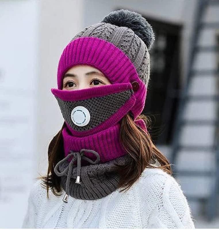 ZEKI Girl's/Women's Winter Warm Woolen (Inside Fur) Pom Pom Cap/Beanie + Neck Cover (with Detachable Filtered mask) (Purple) 1