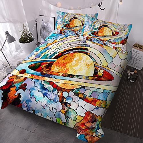 BlessLiving Science Style Bedding Twin for Girls Boys Kids Ultra-Soft Stained Glass Duvet Cover with 2 Pillow Cases 3 Piece Mosaic Space Pattern Bedspread