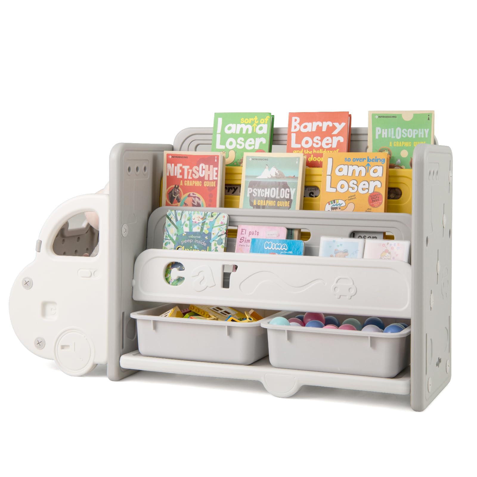GOPLUS Estantería para Libros Infantil de Plástico en Forma de Coche, Organizador para Juguetes con 3 Estantes, 2 Cajas Extraíbles Y Superficie de Almacenamiento, para Habitaciones Infantiles
