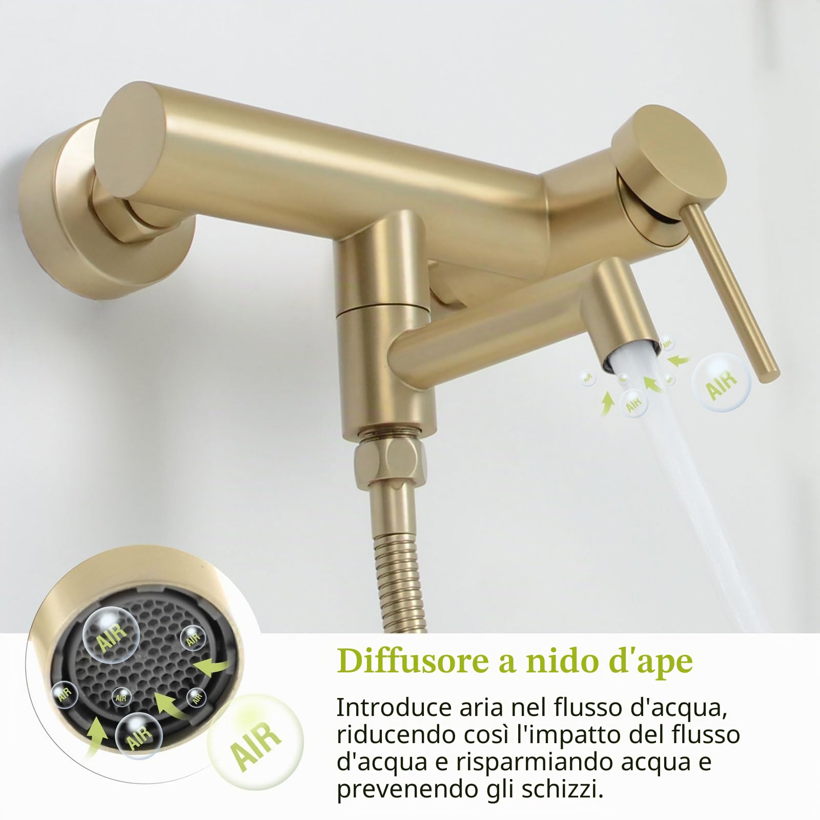 Rubinetto per Vasca, Miscelatore Vasca da Bagno con Doccetta, Regolabile Supporto e Tubo Doccia 150cm, Oro Spazzolato, 15Y4OK