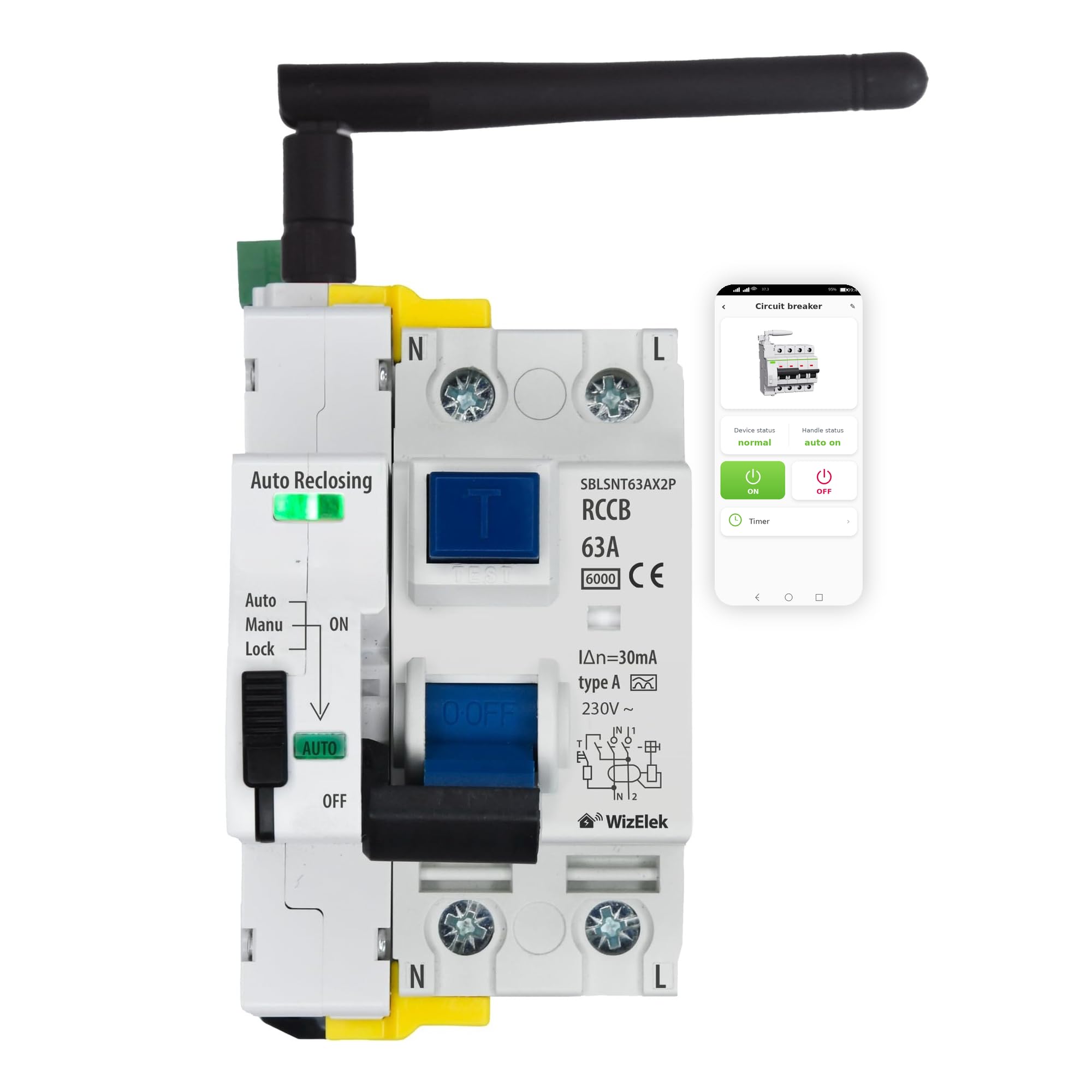 Smart-Home FI-Schutzschalter Wi-Fi Tuya mit automatischer Wiedereinschaltung 2P einphasig 63A 30mA Typ A&AC – Fernsteuerung – 3 Module (TE) – nach EN 61008-1