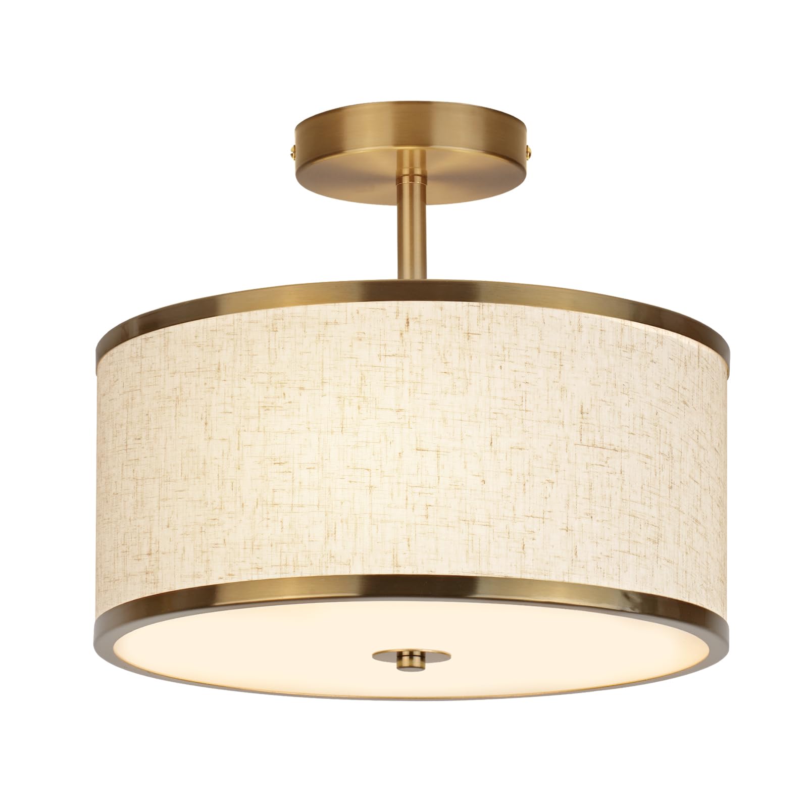 CALOKES 12.6 Inch Semi Flush Mount Ceiling Light, 3-Light Drum Lamp with Gold Brass Finish and Beige Shade, Ideal for Bedroom, Kitchen, Dining Room, Hallway, Entryway, and Foyer