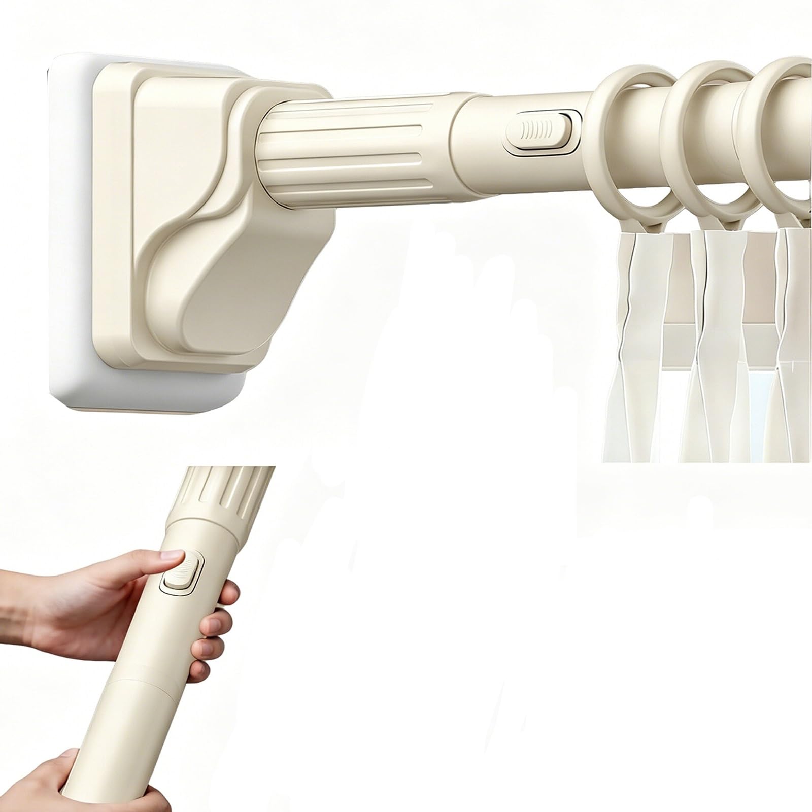 Adjustable Tension Curtain Rod, One Click Lock, Stainless Steel Shower Curtain Rod, Nonslip with 20 Curtain Rings for Window(Beige,330-400cm/129-157in)