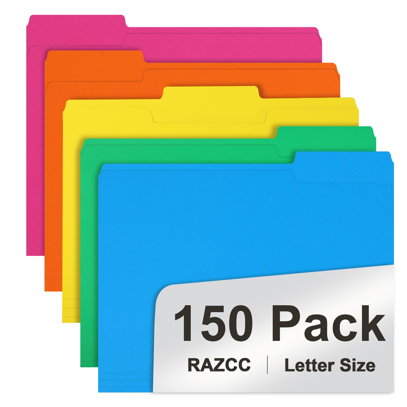 File Folder, RAZCC 150 Pack 1/3 Cut Tab Colored File Folders, File Folder Letter Size for Office Classroom Use, Assorted 5 Colors Folders with Tabs