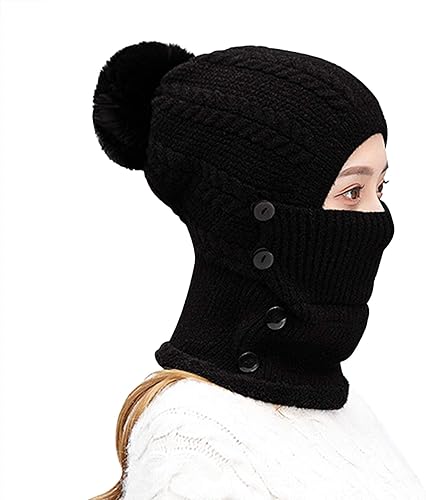 Miniatura 2 de 3 en 1 invierno gorro de punto para el cuello de la cara, calentador de cuello para las mujeres y las niñas forro polar de esquí gorras con pompón