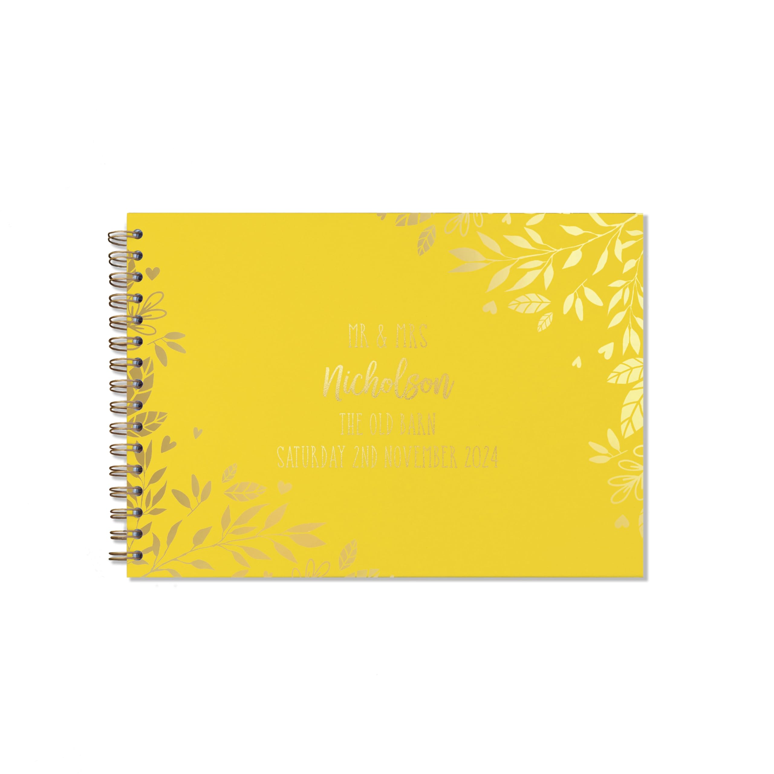 "Manta Makes Wedding Guest book personalised gold foil 26 colour choices A5 or A4, signing book wedding decorations for wedding reception, wedding books for guests to sign (A4, Yellow)"