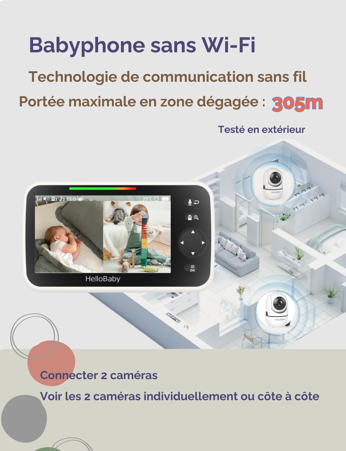HelloBaby Baby Phone Camera 2 Baby Monitor Monitor Camera 5'' 3500mAh Schermo Diviso Condiviso Baby Phone Video Baby Monitor Senza WiFi, Angoli di Vista a 355 gradi, Visione Notturna, Ninne nanne ECO