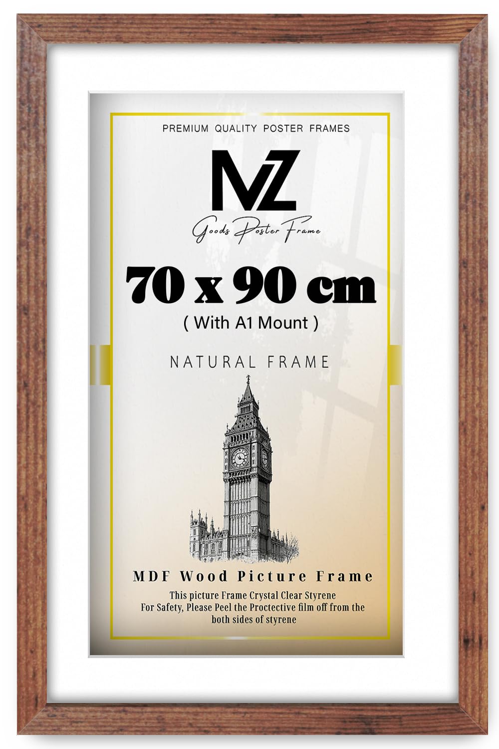 MZ GOODS | MDF Stylish Certificate Frame (90 x 70 cm) with A1-(59.40 x 84.10 cm) White Mount Engineered Wood | 28 Inch x 36 Inch Award, Art Print, Home & Office Wall Frame [ Rustic ]