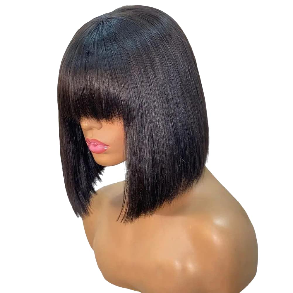 Short Bob Wigs Human Hair with Fringe 180% Density Glueless Wigs with Bang Upgraded 2x1 Top Lace 100% Brazilian Virgin Human Hair Wigs Friendly Small Head 10inch