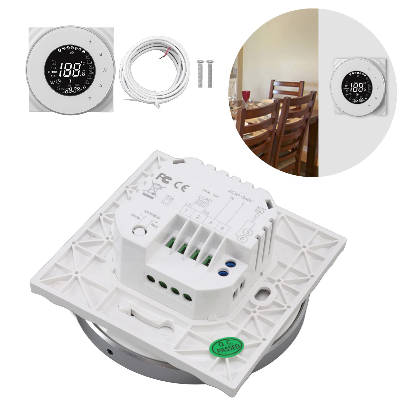 Fdit Smarter WiFi-Fußbodenheizungsthermostat mit Hoher Genauigkeit, Sprachsteuerung für Elektrische Heizsysteme, LCD-Touchscreen für Smart Home, Weiße Farbe