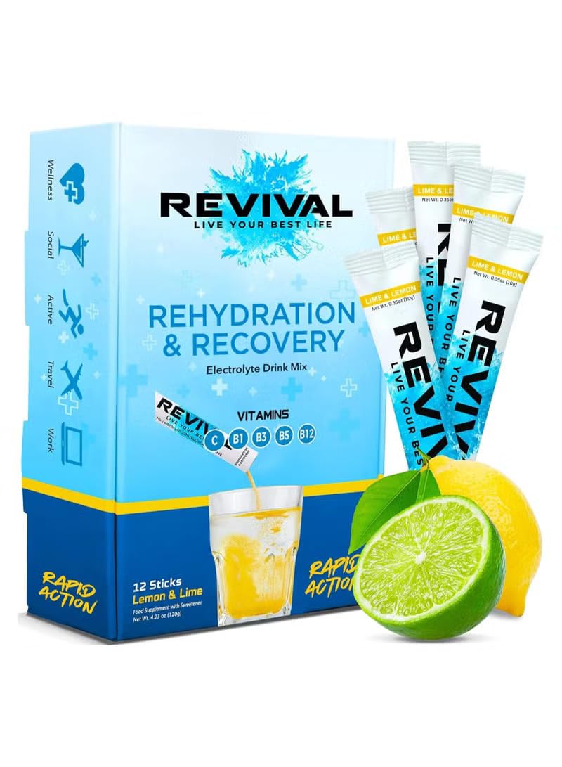 Revival Rapid Rehydration Electrolytes Powder - High Strength Vitamin C, B1, B3, B5, B12 Supplement Sachet Drink, Effervescent Electrolyte Hydration (Lemon & Lime, 12 count (Pack of 1))