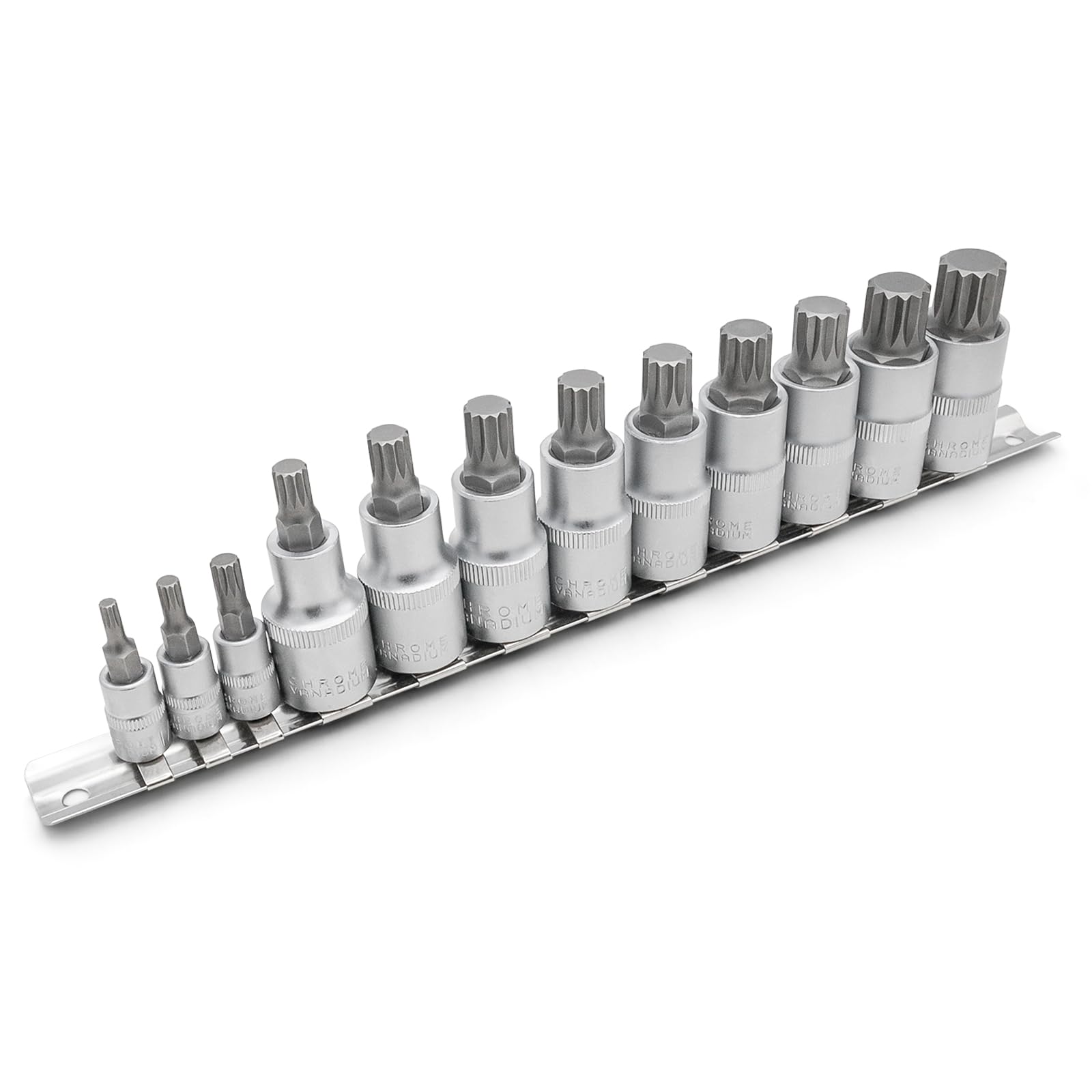 DAKCOS 12pcs Spline Socket Set, M4 M5 M6 M8 M9 M10 M11 M12 M13 M14 M16 M18 Spline Bit Set for 1/2", 1/4" Drive, XZN Triple Square, S2 Alloy Steel Bit and CR-V Drive Socket