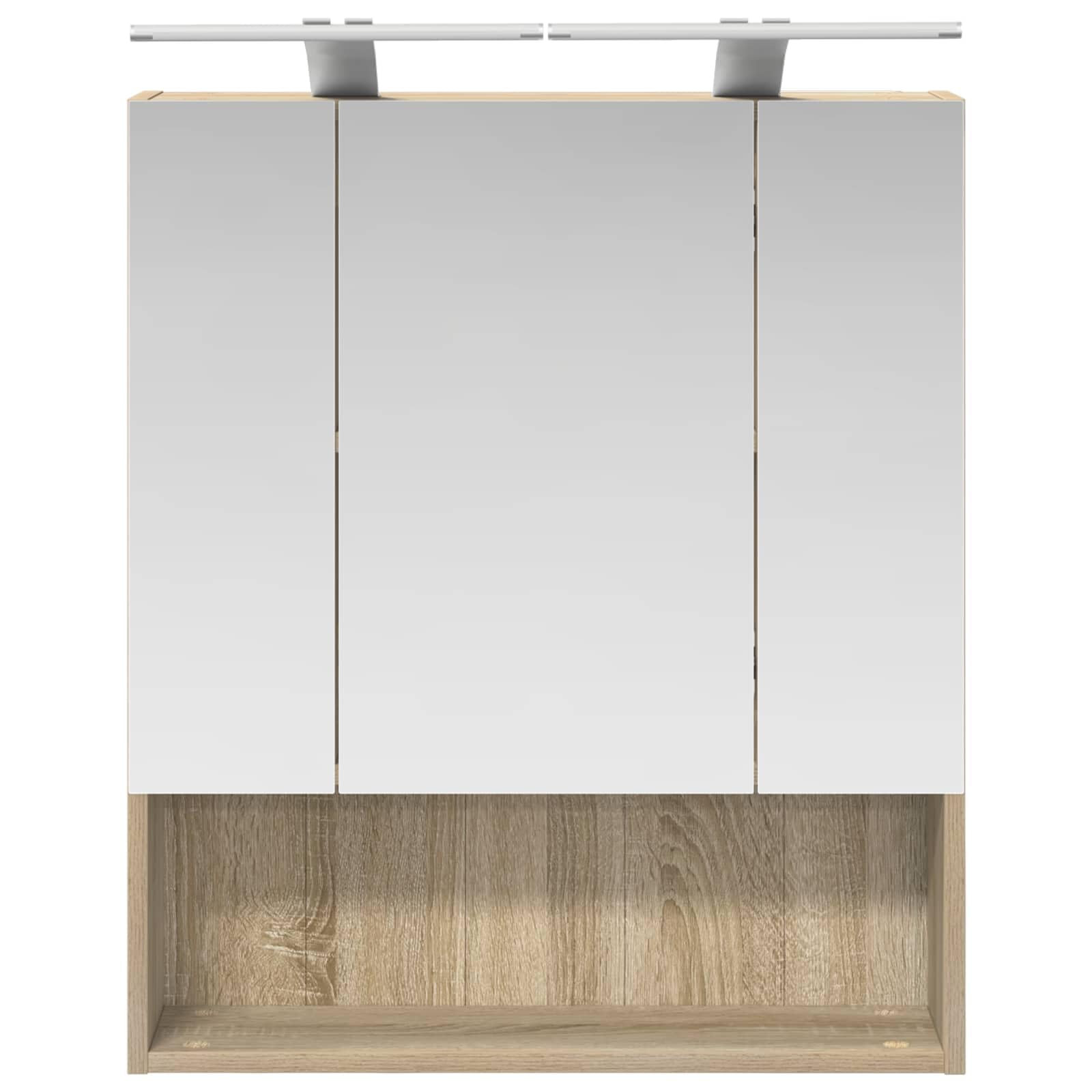 Szafka łazienkowa z lustrem Sonoma z drzwiami 60 x 14,5 x 70 cm, wisząca na ścianie z miejscem do przechowywania, dwie półki, dwustronne lustro, oświetlenie LED, idealna do umywalek i mebli