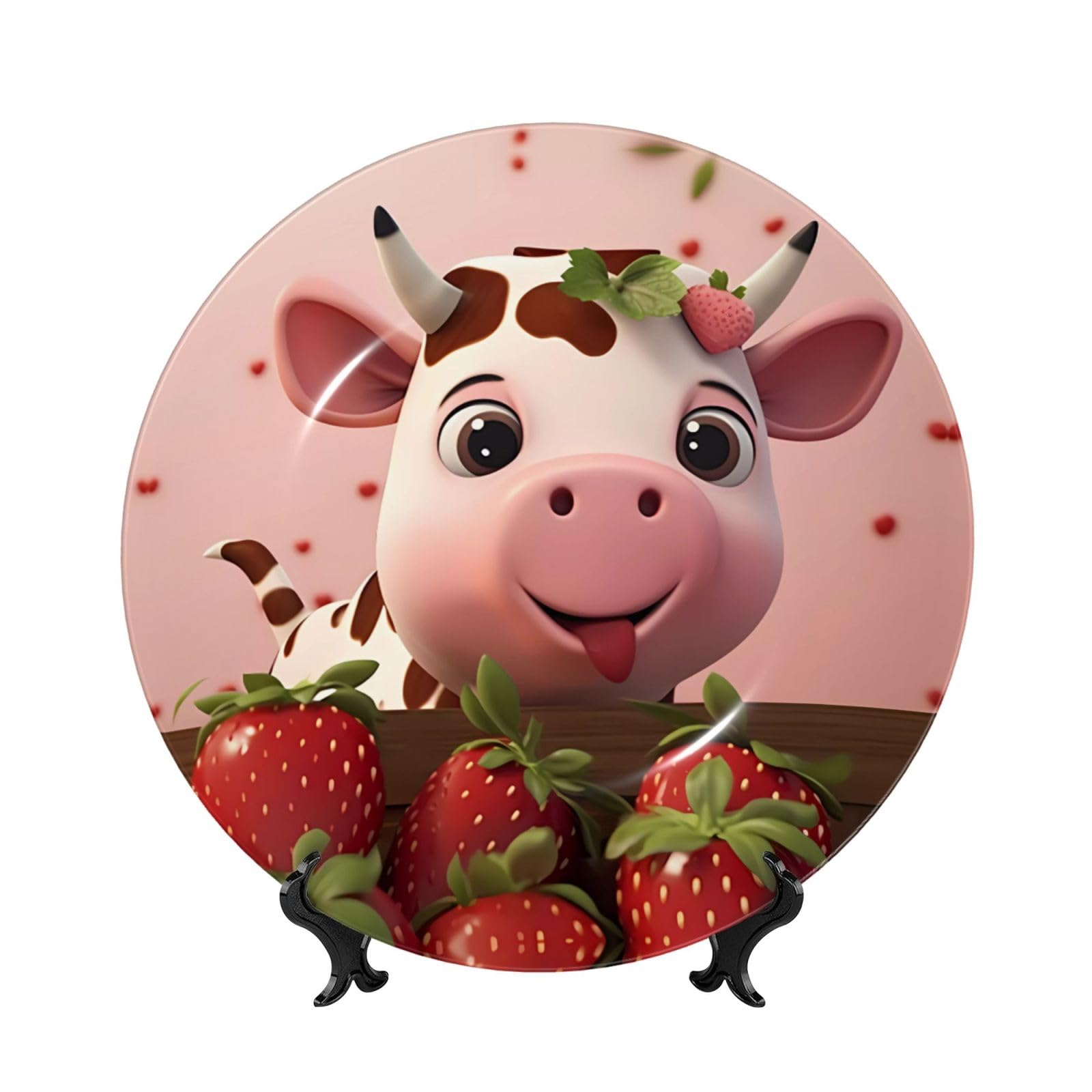 SXZVVBN Cows and Strawberries Bone China Decorative Plate Art with Stand Removable Adhesive Hanging for Home Office 8in（20cm）