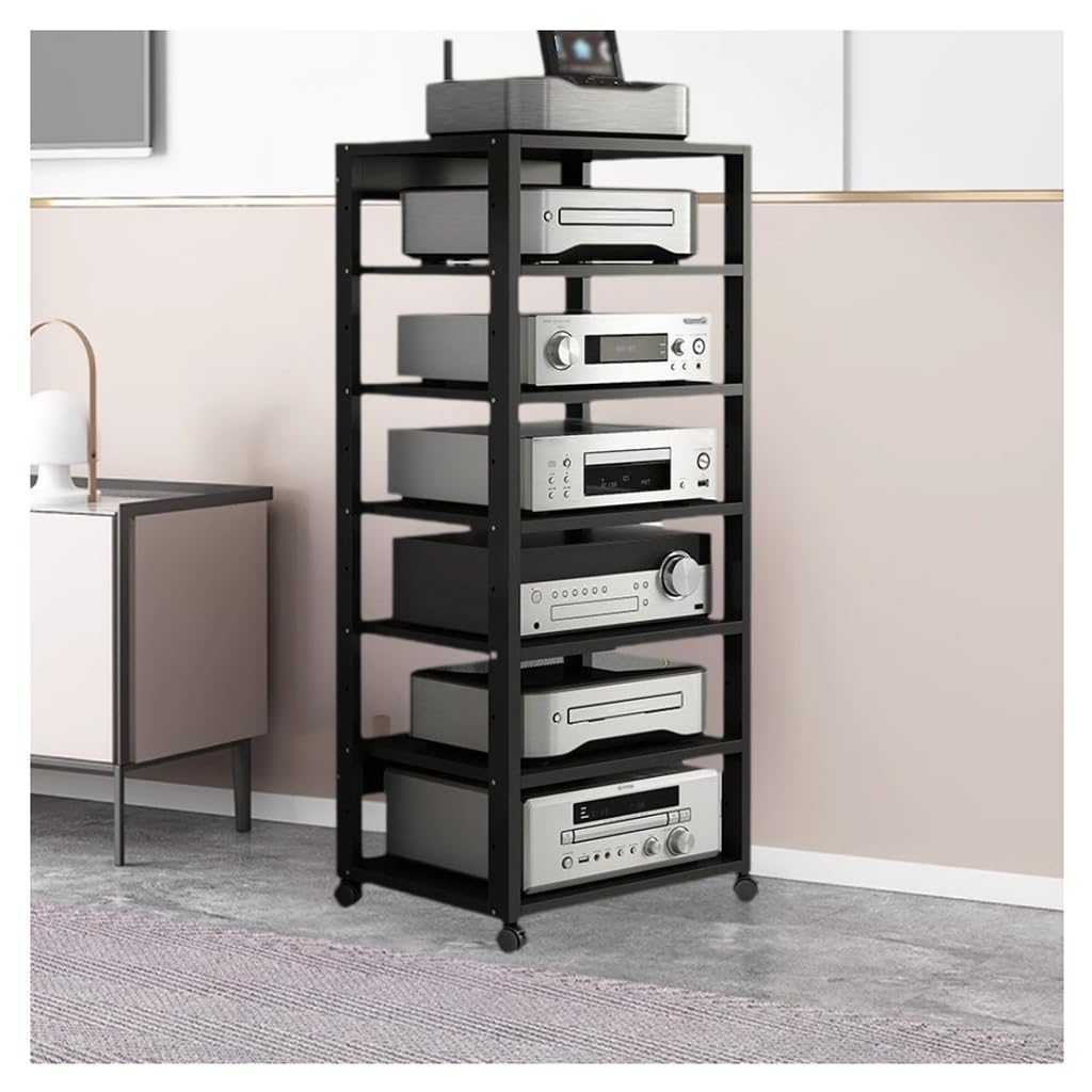 Adjustable Stereo Cabinet 7-poziomowy stojak na media AV, szafka stereo, regulowane półki na media z kółkami, półka na konsolę do gier wideo i odtwarzacz CD, stojak na komponenty rozrywkowe(Black)