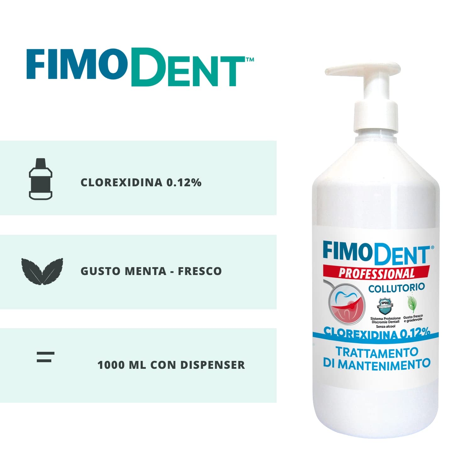 Fimodent Collutorio - Clorexidina 0.20% con SPDD e gradevole gusto menta - 1000mL con dispenser. & Collutorio - Clorexidina 0.12% con SPDD e gradevole gusto menta - 1000mL con dispenser.