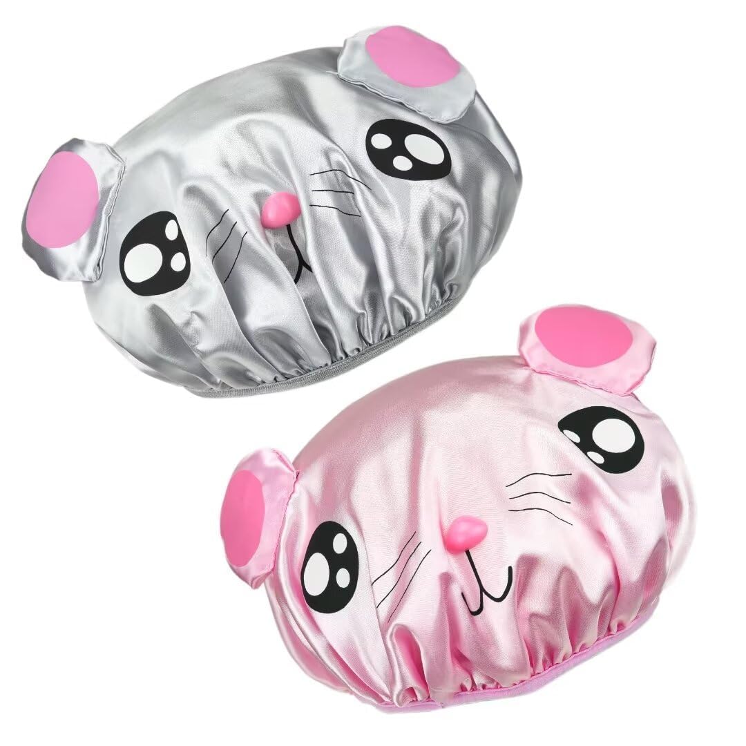2 Piezas Gorro de Ducha, Gorro Ducha Niños impermeable de doble capa con Banda Elástica, Reutilizable Gorro de baño Ratón para Niños Mujer Baño Spa Salón