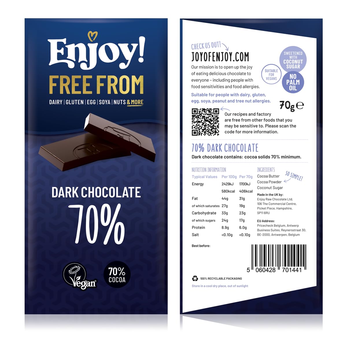 Enjoy! Delicious Vegan Chocolate | 3 X Indulgent DARK Solid Bars | Vegan, Dairy & Gluten Free, 70% Dark Chocolate | 70g per bar