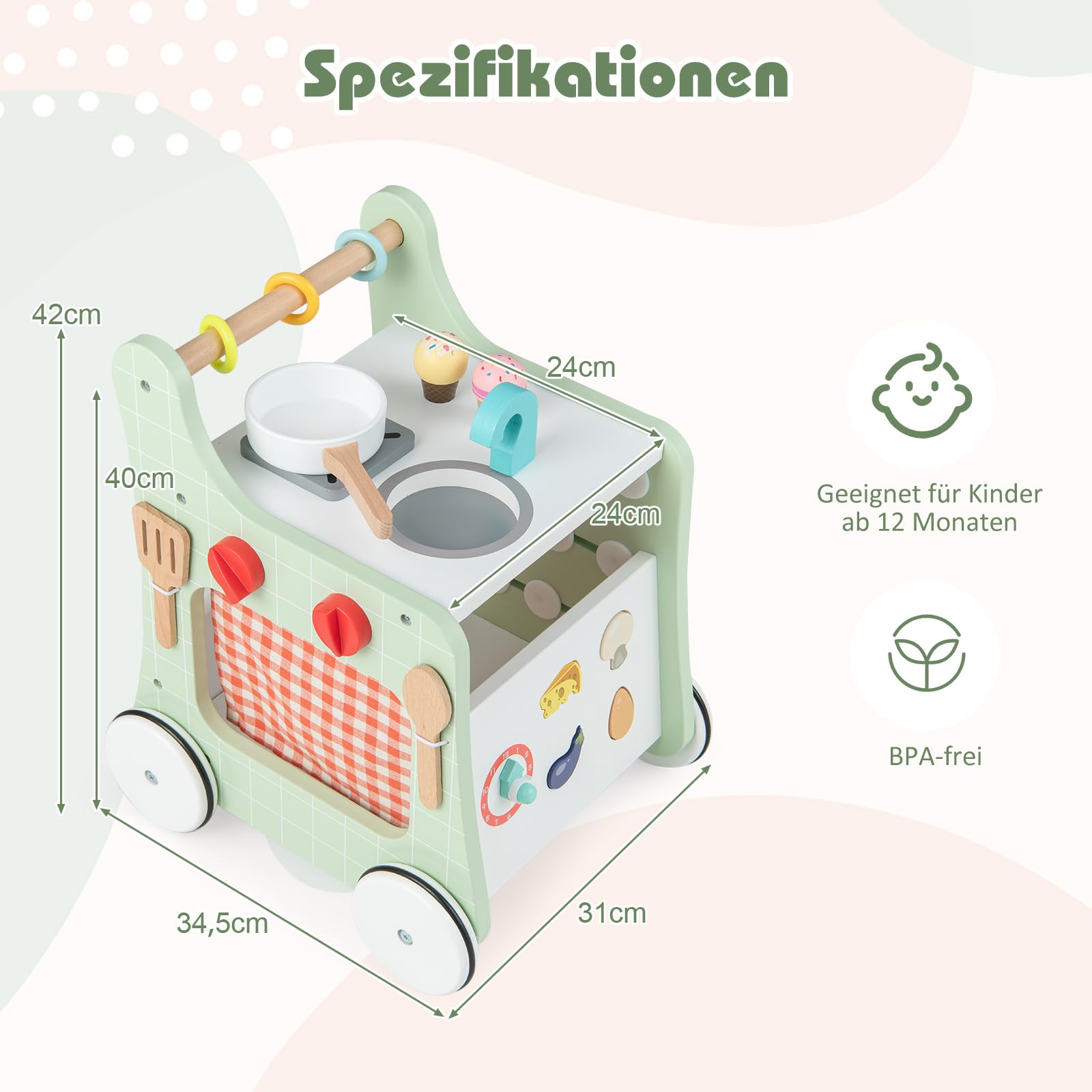 COSTWAY 6 in 1 Lauflernwagen aus Holz, Lauflernhilfe mit Spielküche, Lernuhr, Formanpassung & beweglichem Schieber, Kinderküche Baby Walker mit Rädern für Kinder ab 1 Jahr (Grün)