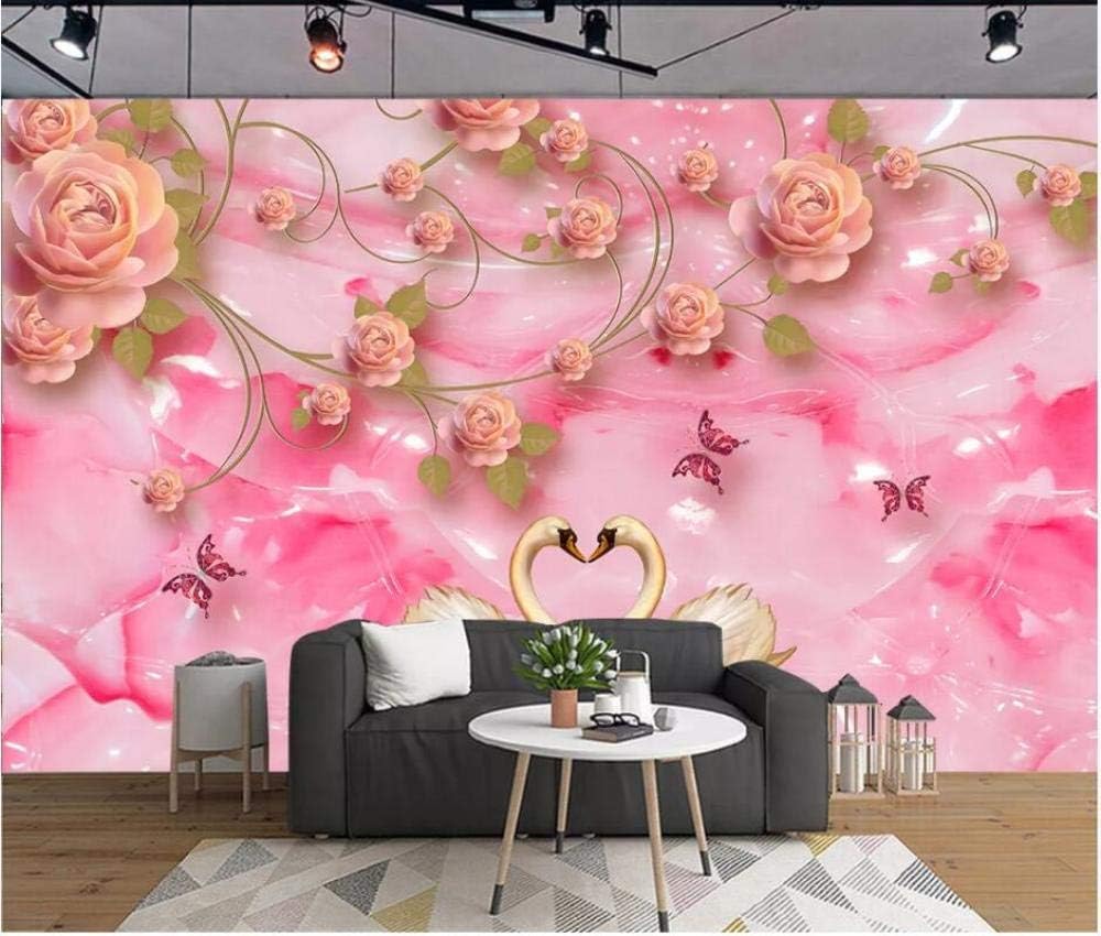 Papier peint 3D cygnes roses intissé pour agrandir un salon sombre
