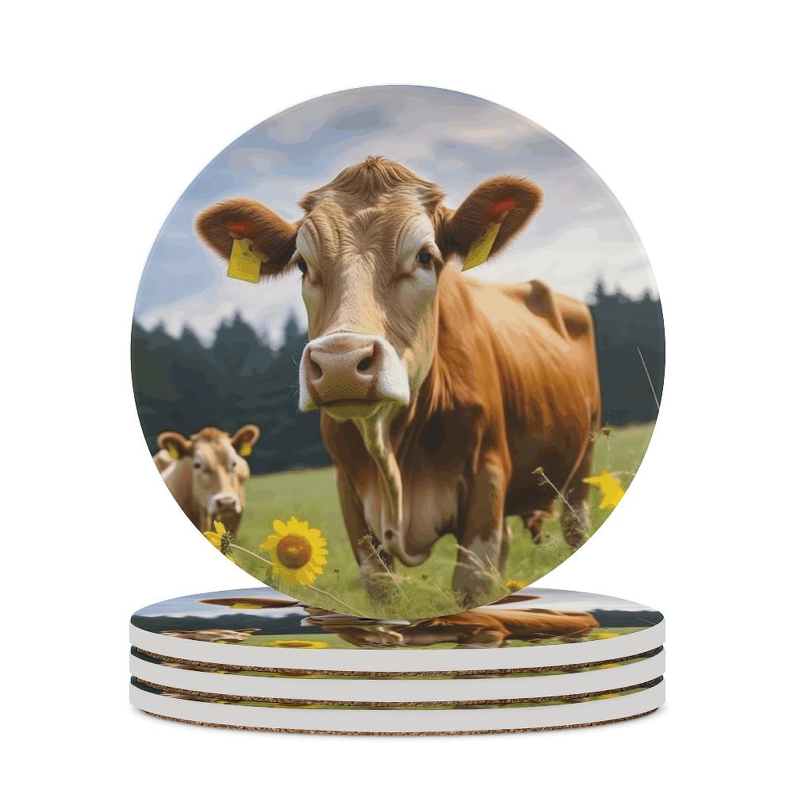 Dessous de verre en céramique et liège motif vache marron x4
