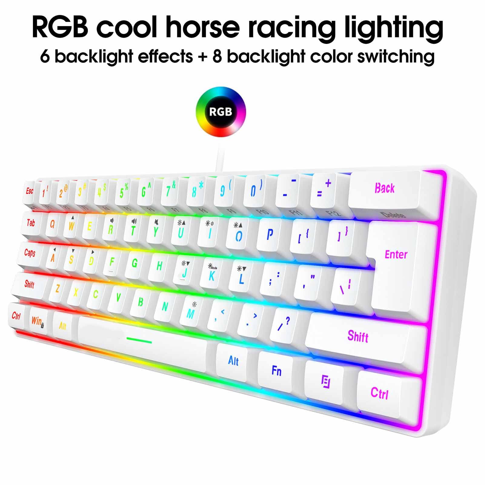 Asixxsix Zestaw Przewodowej Klawiatury i Myszy do Gier w 60% RGB, Mysz do Gier o Rozdzielczości 6400 DPI, 61 Klawiszami z Podświetleniem RGB, Mysz USB na Laptopach (Biały zestaw)