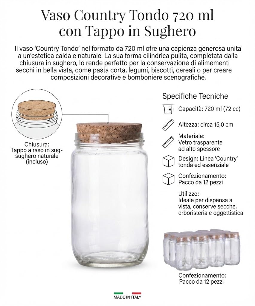 Vaso Tondo in Vetro per Conserve 720 ml con Tappo in Sughero