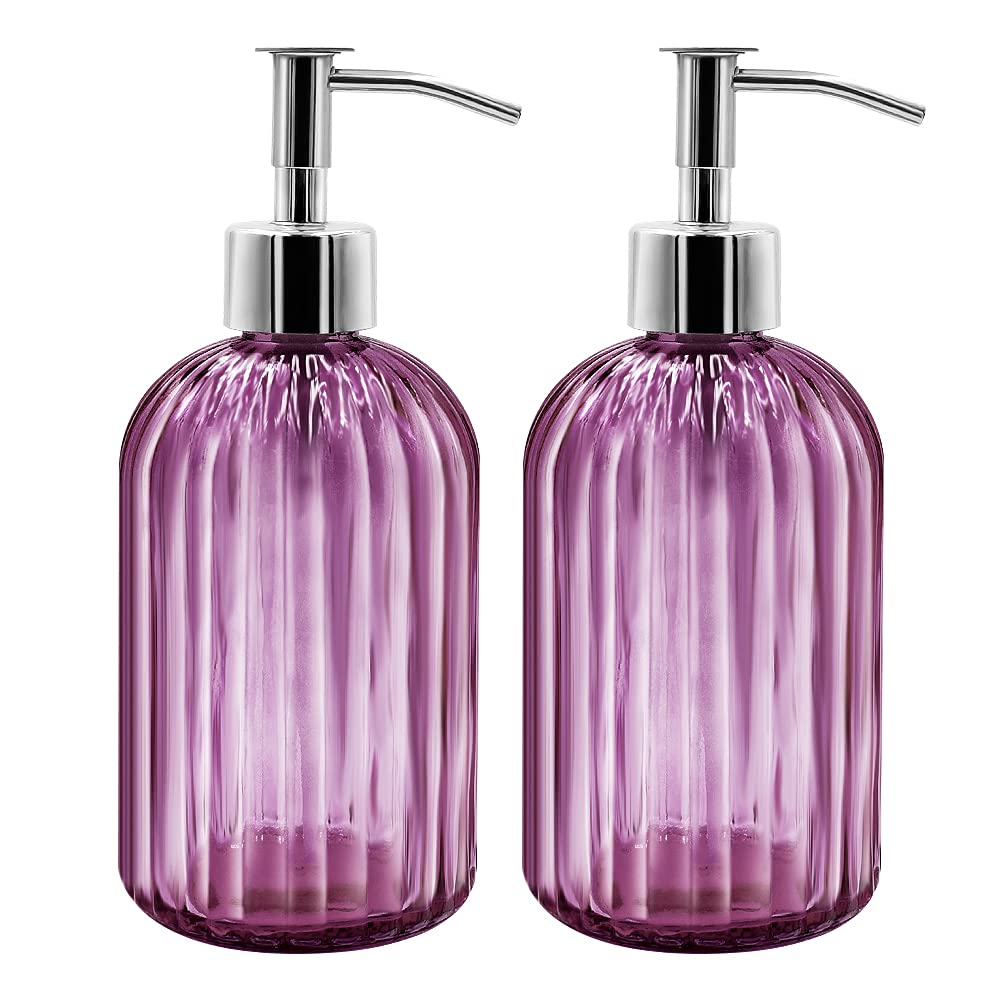 Glass Soap Dispenser With Pump, 400 ml for Dish Washing Liquid, Shampoo and Lotion - Refillable for Kitchen, Bathroom, Laundry Room - Purple, Pack of 2 — image 1