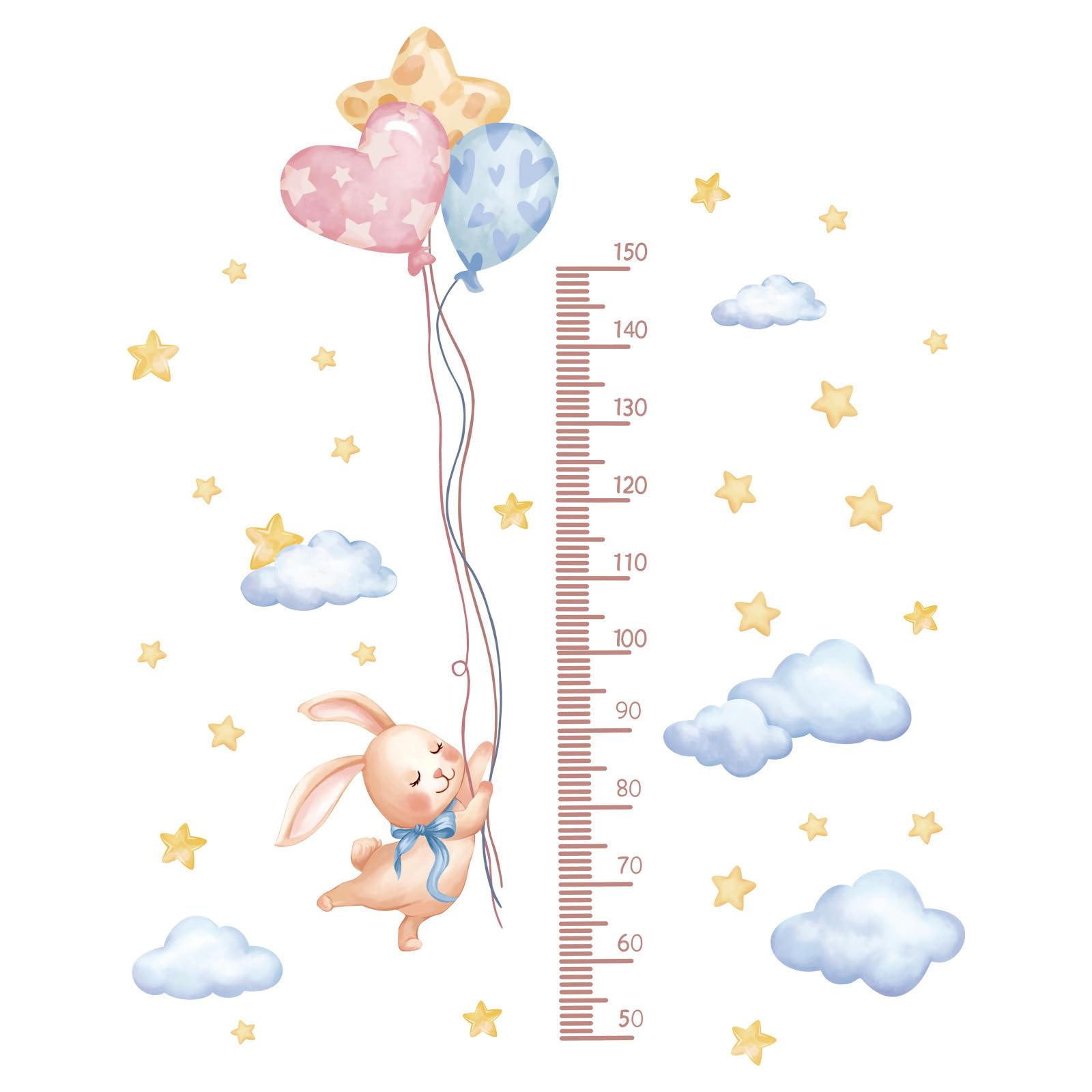 FUFUQUARE Baby Height Growth Wall Stickers Cartoon Rabbit Balloon Clouds Height Chart Measuring Ruler Removable for Kids Bedroom Nursery Classroom Decoration, 50-150CM