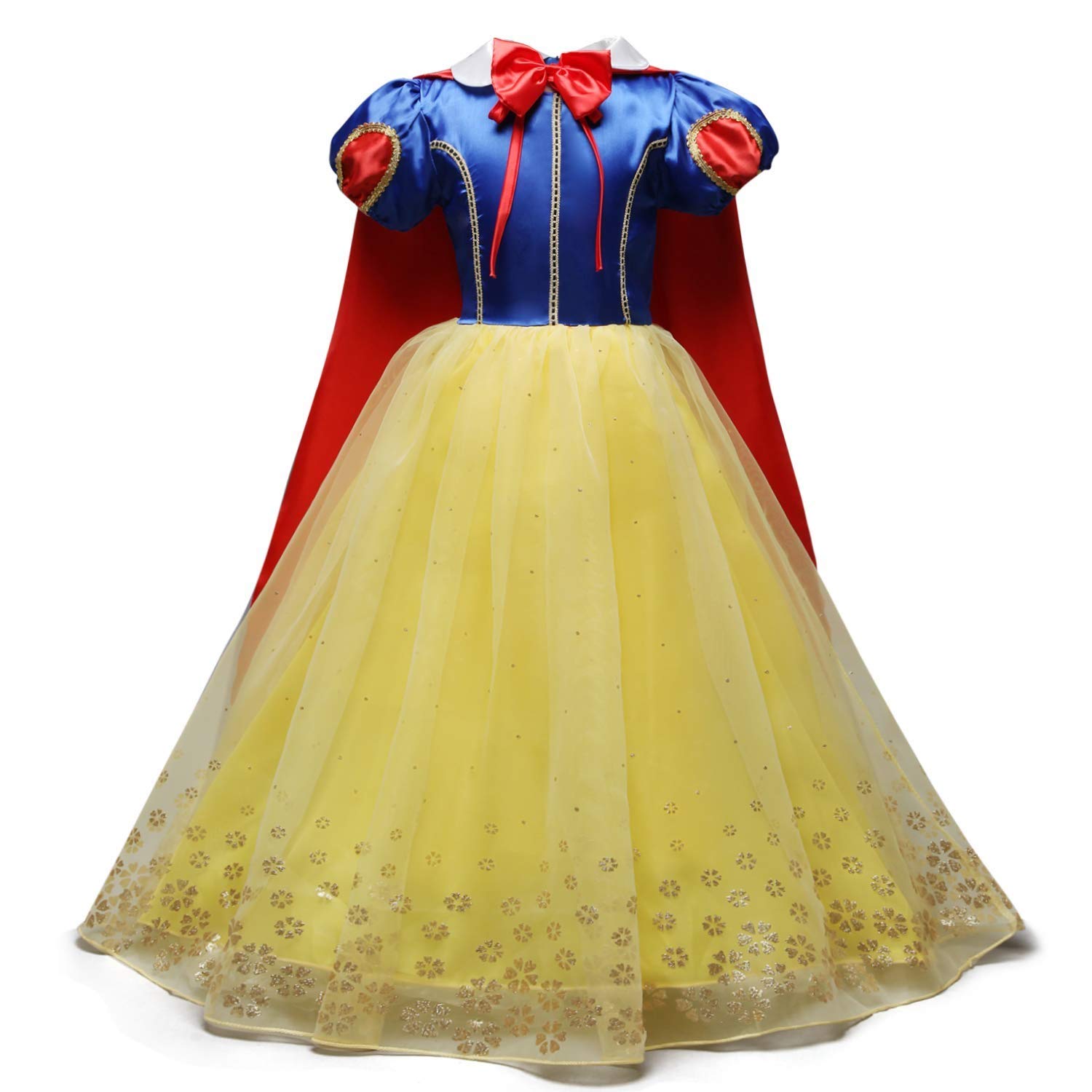 FMYFWY Królewna Śnieżka księżniczka sukienka dla dziewczynek kostium karnawałowy Halloween kostium cosplay Boże Narodzenie urodziny konkurs długa tiulowa sukienka z peleryną (akcesoria)