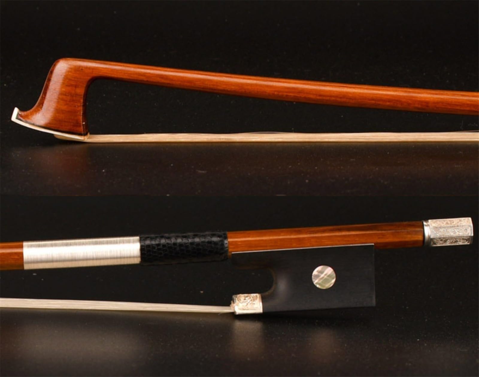 Handgefertigte Geigenbögen Performance Grade Violinbogen Ebenholz Einzelauge Silber geschnitzt Rosshaar Bank