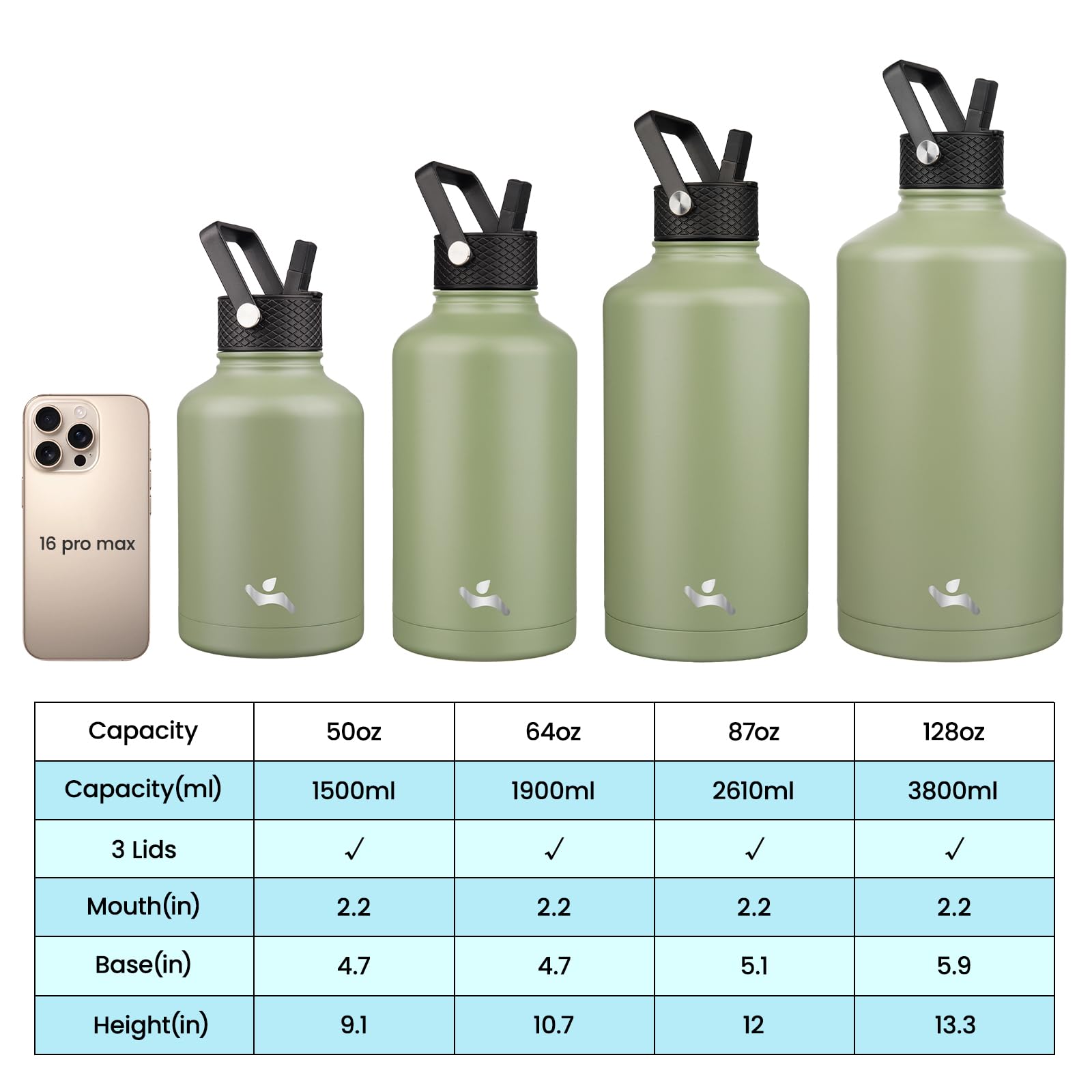 Botella de agua aislada con popote, 50 onzas, jarra de agua de 3 tapas con bolsa de transporte, asa de paracaídas, termo de metal de acero inoxidable al vacío de doble pared, verde campamento