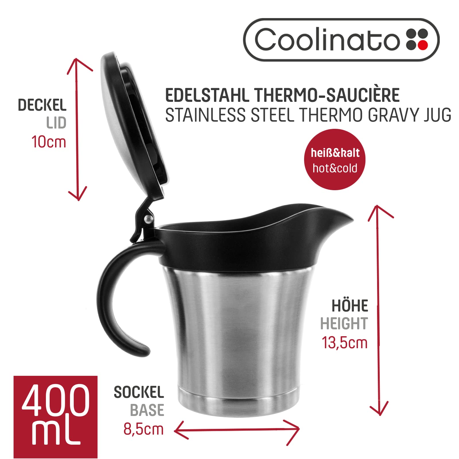 Coolinato Thermo Edelstahl Sauciere, 400 ml, doppelwandiger Edelstahl, auslaufsicherer Deckel, 11x 8,5 x 14 cm, geeignet als Saucenausgießer und isolierender Thermobehälter