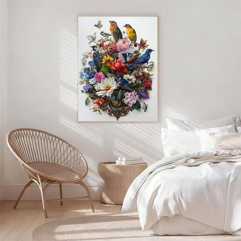 Pintar por números adultos de pájaro y plantas: pintura acrílica sin marco de 60x80cm 3